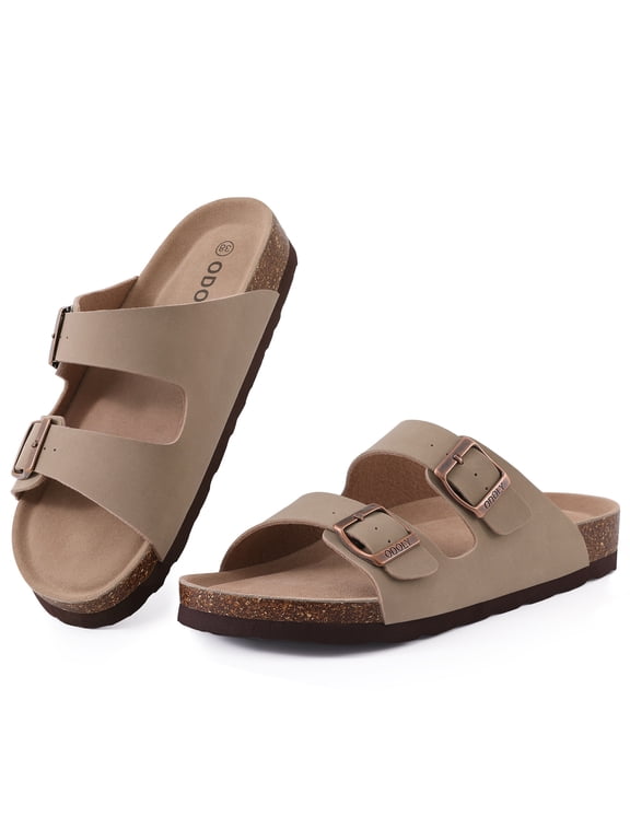 Women's Cork Footbed Slide Sandals, Comfortable Flat Sandals with Adjustable Buckle, Apricot