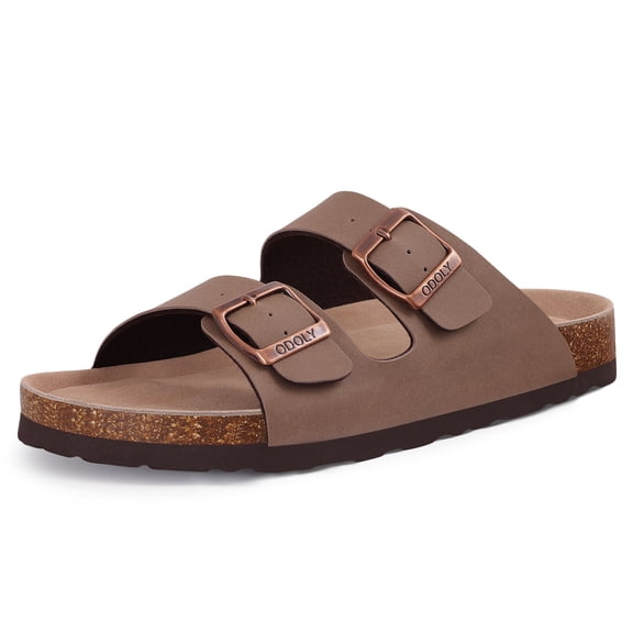 Comwarm Women's Cork Footbed Slide Sandals, Comfortable Flat Sandals with Adjustable Buckle, Brown
