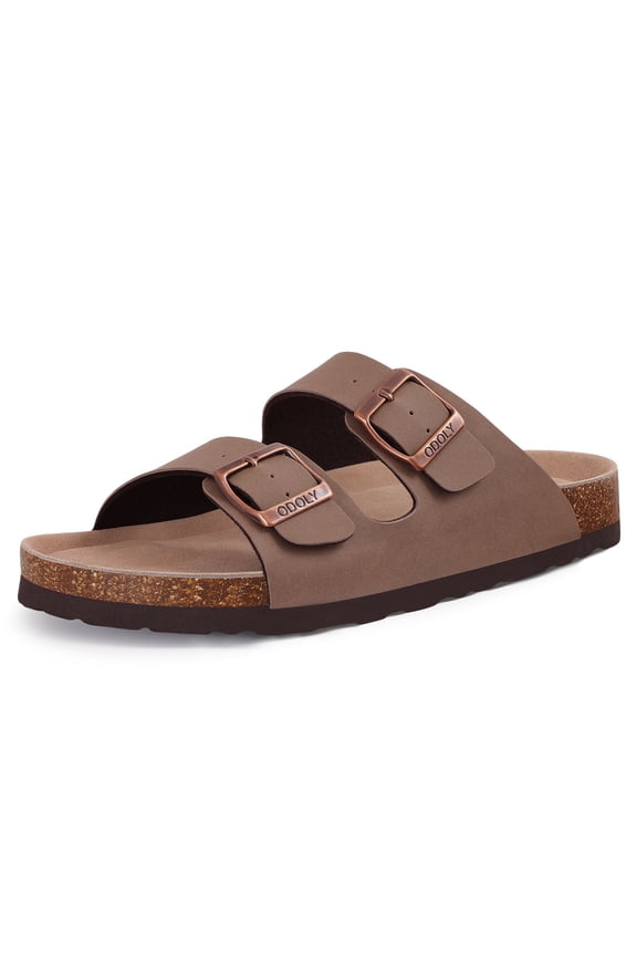 Women's Cork Footbed Slide Sandals, Comfortable Flat Sandals with Adjustable Buckle, Brown