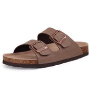 Comwarm Womens Cork Footbed Slide Sandals, Comfortable Flat Sandals with Adjustable Buckle, Brown
