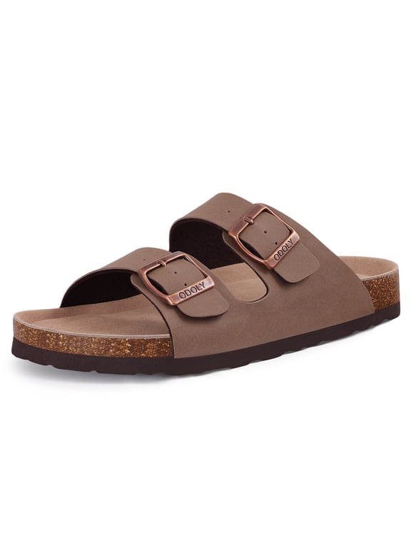 Women's Cork Footbed Slide Sandals, Comfortable Flat Sandals with Adjustable Buckle, Brown