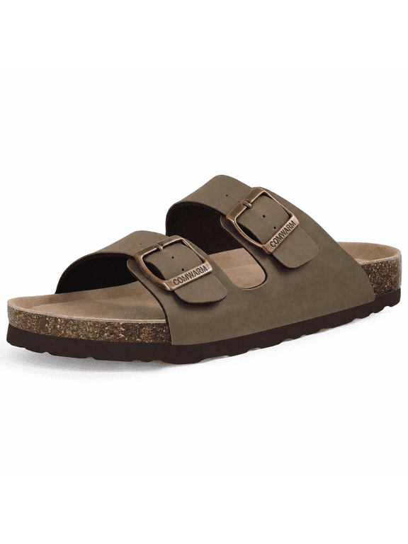 Women's Cork Footbed Slide Sandals, Comfortable Flat Sandals with Adjustable Buckle, Oliver Brown