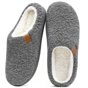 Comwarm Women's Fuzzy Slip On Slippers with Curly Fleece, Memory Foam House Shoes Cozy Warm Indoor and Outdoor, Grey