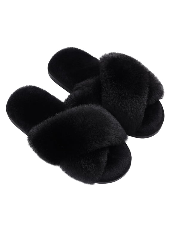 Women's Fuzzy Slippers Open Toe Cross Band Slippers Memory Foam House Slippers for Women, Black