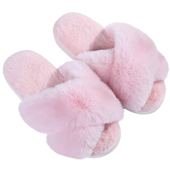 Comwarm Women's Fuzzy Slippers Open Toe Cross Band Slippers Memory Foam House Slippers for Women, Pink