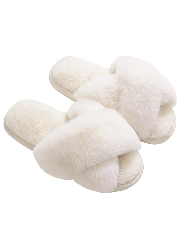 Women's Fuzzy Slippers Open Toe Cross Band Slippers Memory Foam House Slippers for Women, White