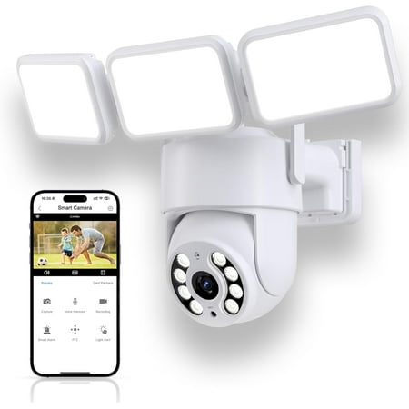 Floodlight Camera, 2K WiFi Outdoor Security Camera with 2000LM Flood Light, Outdoor Camera with 2-Way Audio 360° PTZ AI Detection Auto Tracking Color Night Vision Alert Cloud or SD Storage