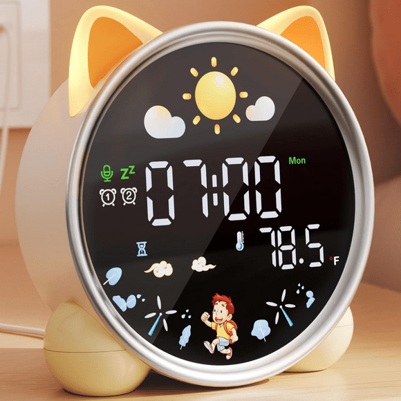 Comzler Kids Alarm Clock with Night Light, Cat Alarm Clock with Sleep Training and Sound Machine