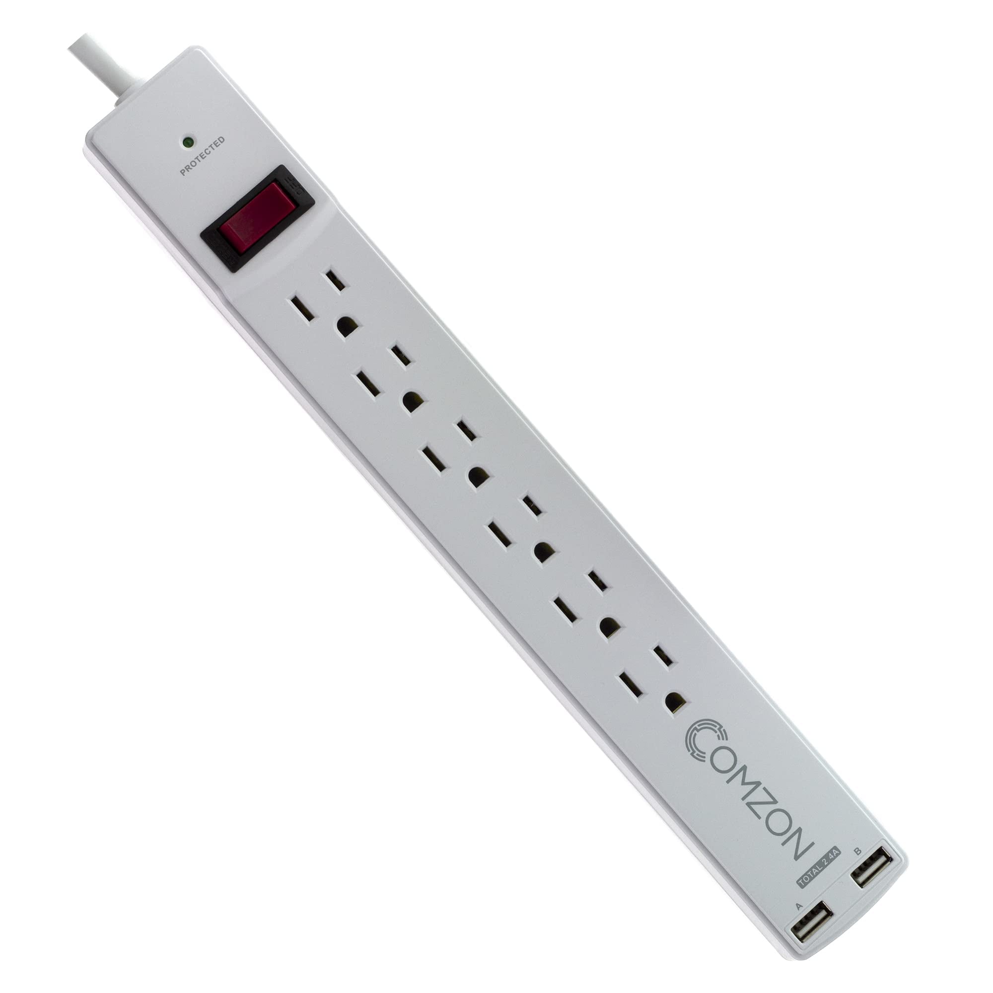 Comzon 6-Outlet White Surge Protector with 6ft Cord and USB Ports