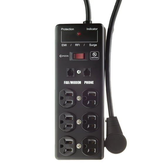 Comzon Surge Protector, Flat Rotating Plug, 6 Outlet, Black, Metal, Commercial Grade, 1 X3 MOV, EMI & RFI, Modem Protector, Power Cord 6 foot, 3 Pack