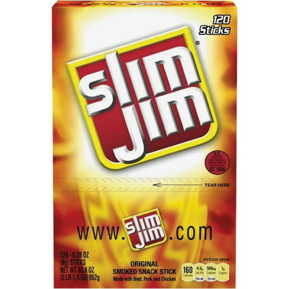 Slim Jim Original Snack Size Stick, 0.28 OZ Meat Snacks, 120 Count Box