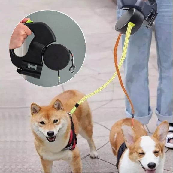 ConPush Dual Retractable Dog Leash with LED Flashlight, One-Button Lock Control, Tangle-Free, Walk Two Dogs