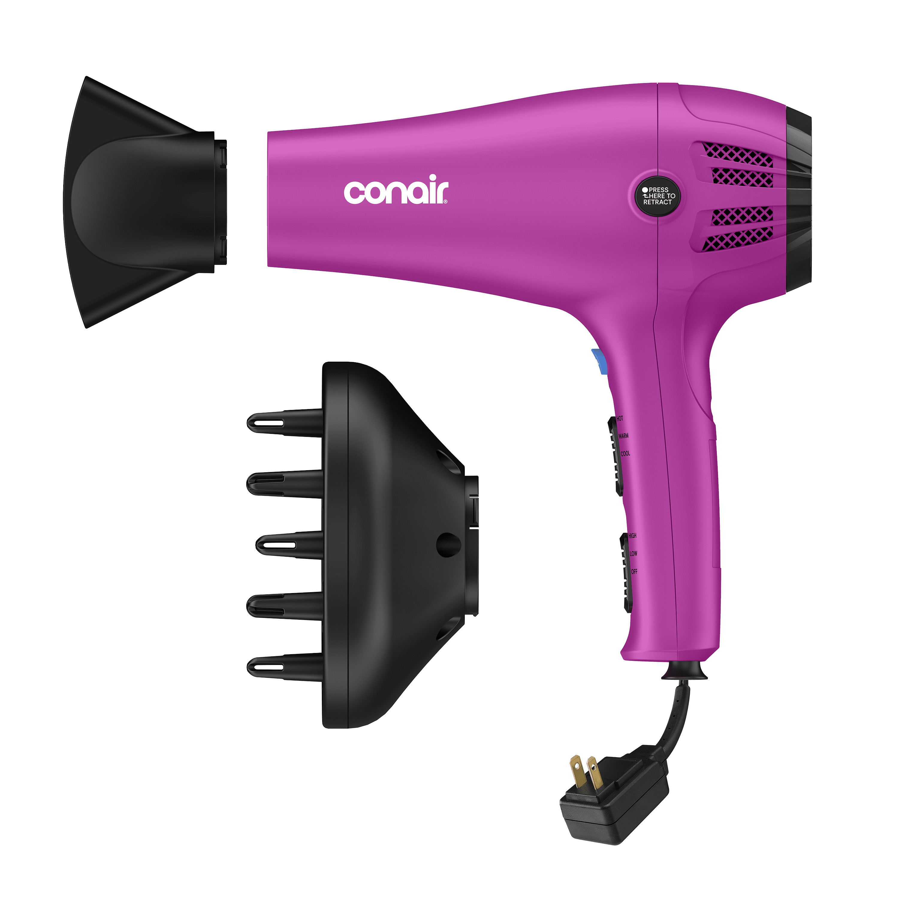 Conair Ionic Ceramic Cord-Keeper Hair Dryer, Retractable Cord, Diffuser and Concentrator