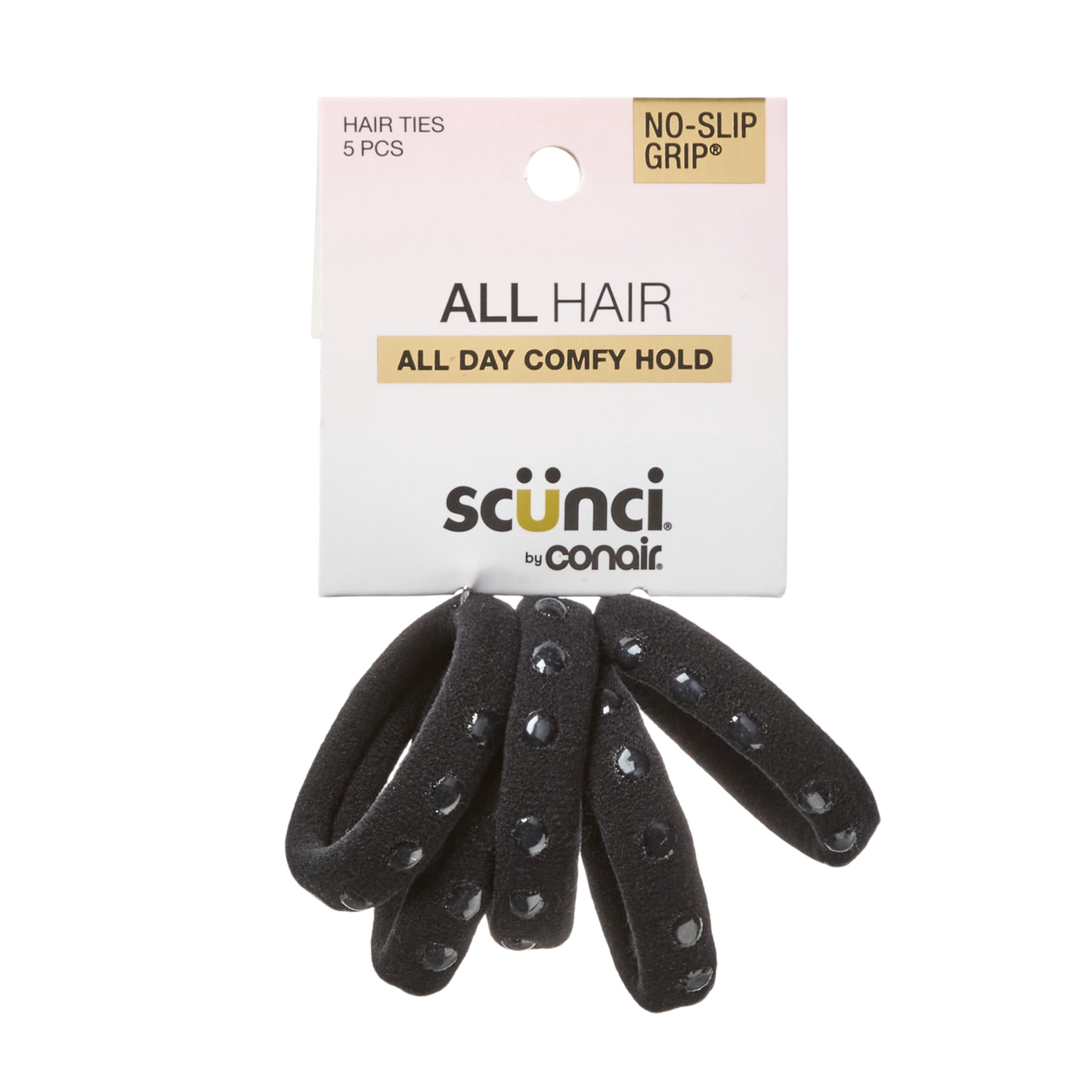 Scunci No-Slip Grip Hair Ties, Black, 5 Count No Metal Ponytail Holders