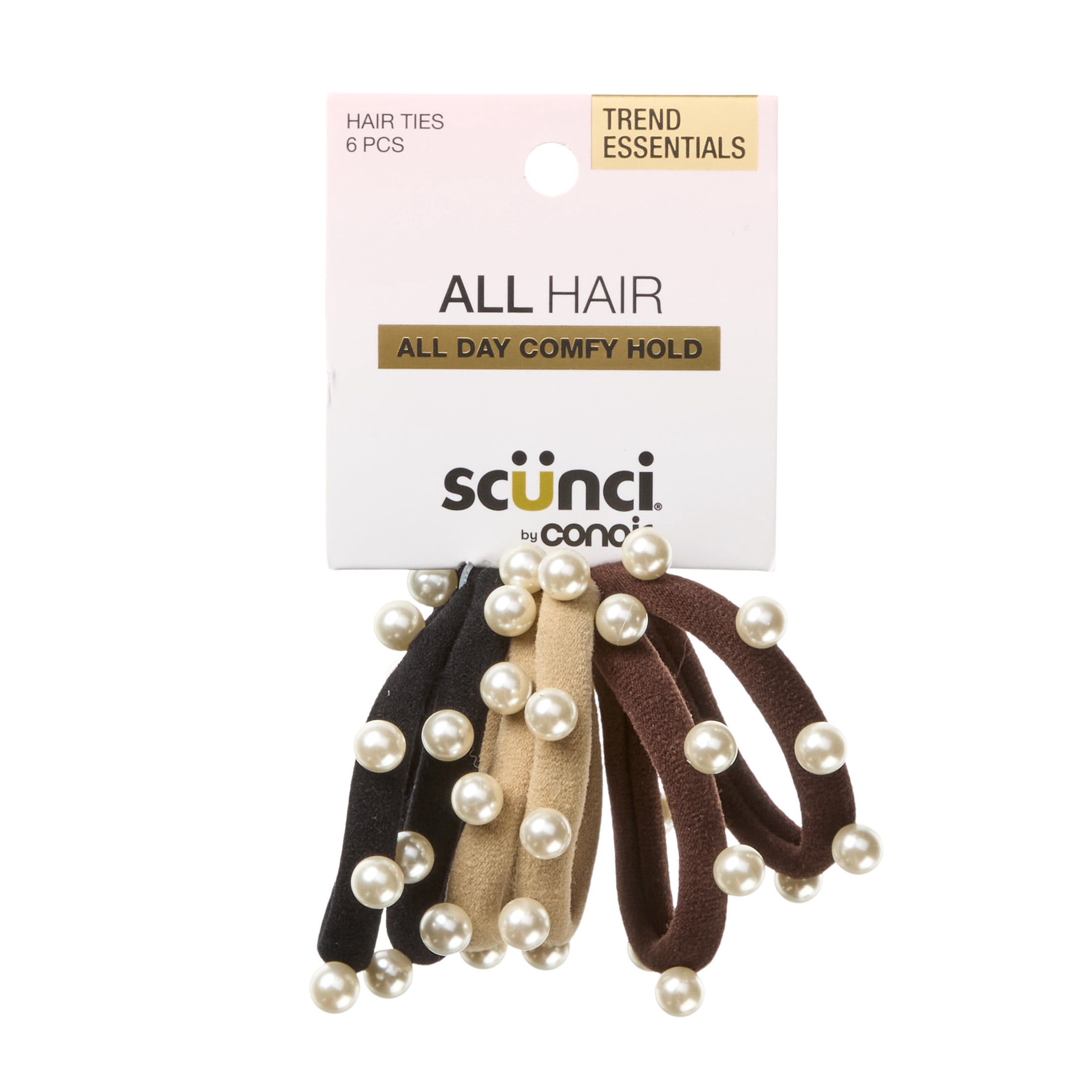 Scunci by Conair Faux Pearl Ponytail Holders, Black, Tan & Brown, Hair Ties, 6 Count