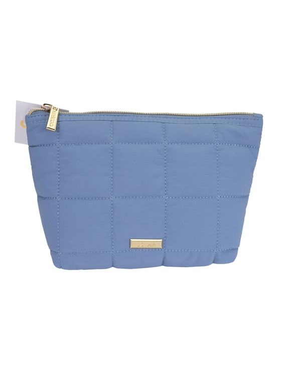 Blue Quilted Clutch, Soft Polyester Beauty Pouch with Gold-Tone Hardware