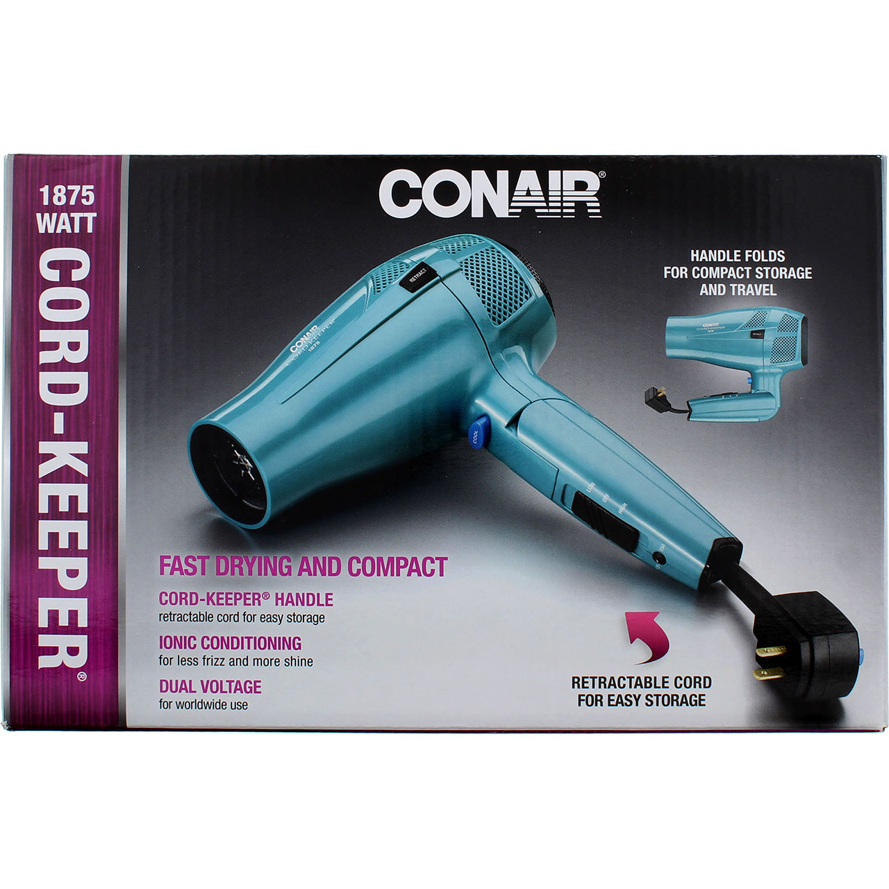 Conair Cord-Keeper Travel Size Folding Ionic Retractable Cord Hair Dryer, 1875 Watts, Blue - image 1 of 2