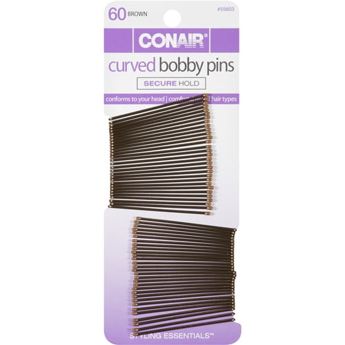 Conair Curved Bobby Pins for Pin Ups and Simple Styling Across All Hair Types in Brown, 60 Count
