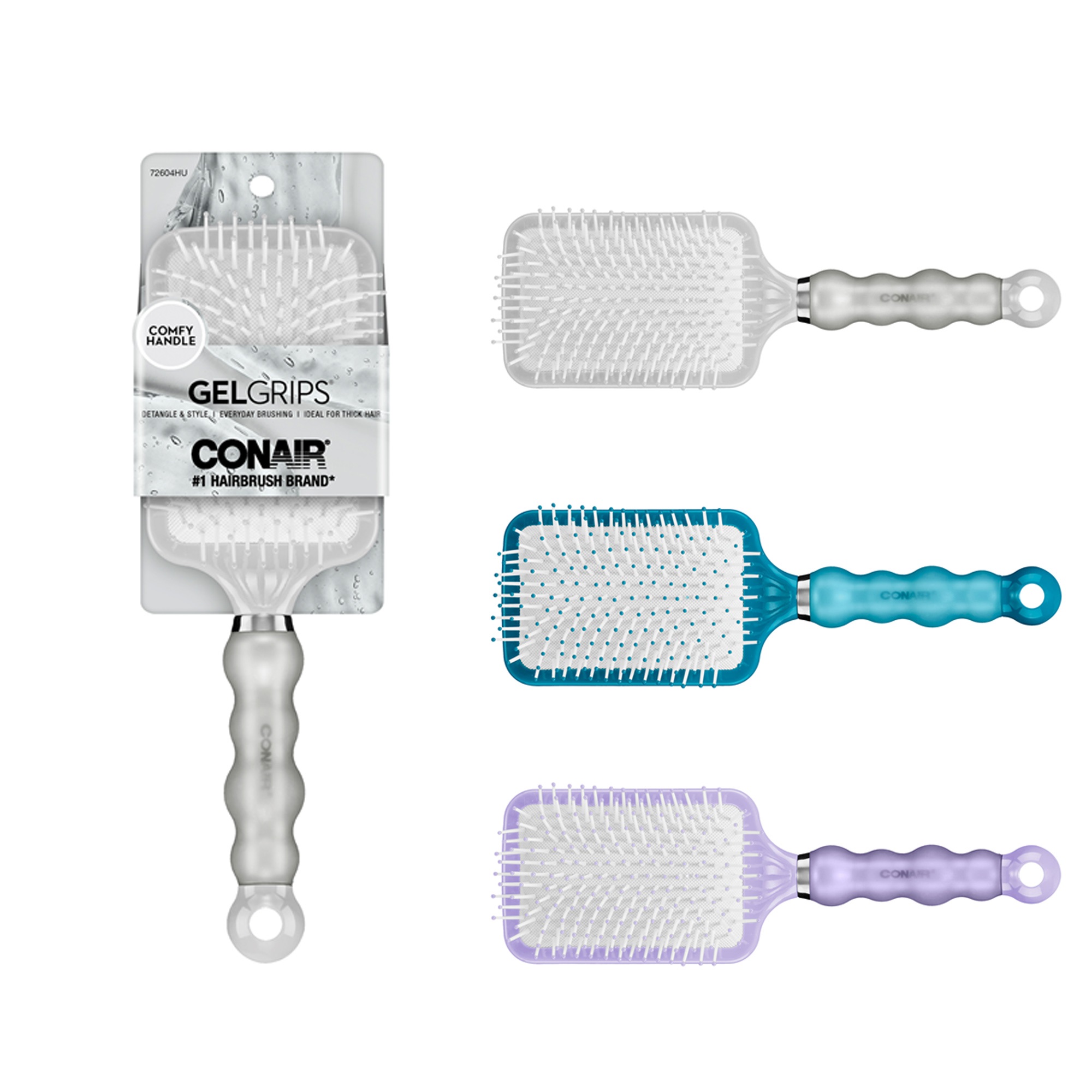 Conair Gel Grip Nylon Bristle Paddle Hairbrush with Comfy Handle, Colors Vary - image 1 of 8