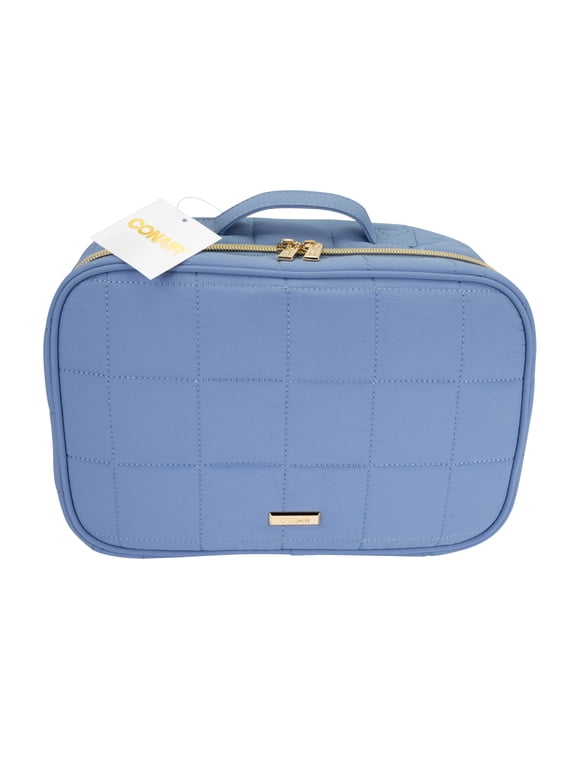 Blue Quilted Hanging Organizer, Multi-Compartment Beauty Case with Hook
