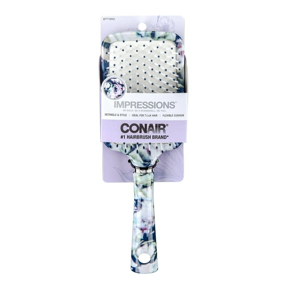 Conair Impressions 9.75" Nylon Square Paddle Hair Brush, Detangling, Blue Floral Print