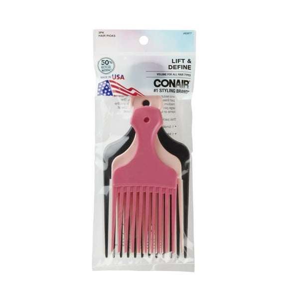 Conair Lift & Define Detangling Hair Pick Combs, 3-Pack with Small, Medium, Large