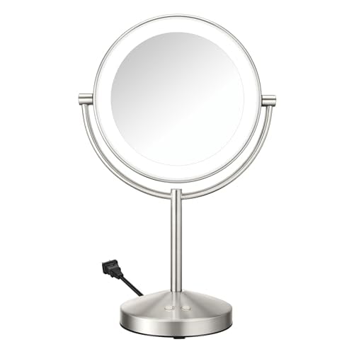 Satin Nickel LED Lighted Double-Sided Makeup Mirror with 10x Magnification