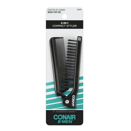 Conair Man 2-in-1 Foldable Detangling Brush and Fine Tooth Comb Compact Styler, Black