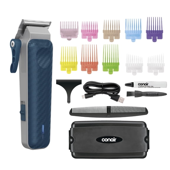Conair Men Lithium-Ion Rechargeable Clipper & Hair Trimmer for Men, 17-Piece Clippers for Hair Cutting Kit with Color-Coded Combs, 5-Position Taper Control for Tapered Edges and Fades, Quick Charge