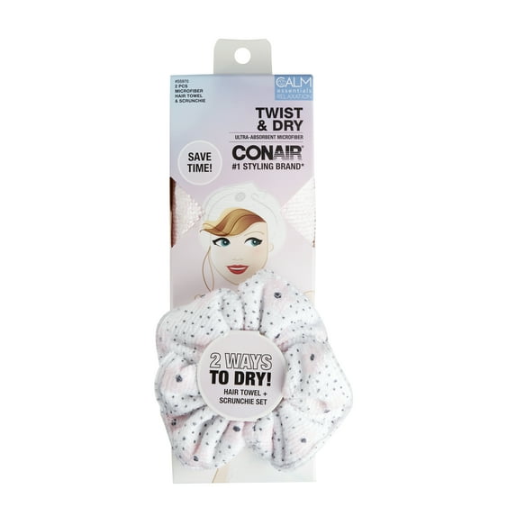 Conair Microfiber Hair Towel and Scrunchie, Multicolor, 2 Count