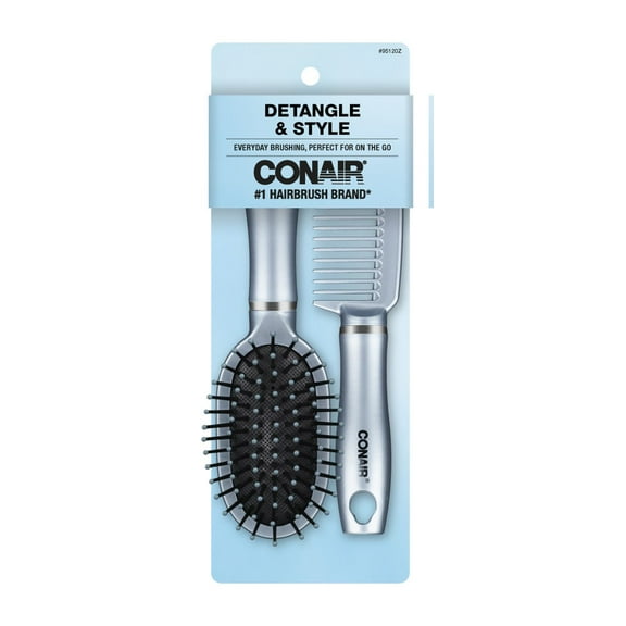 Conair Mid-Size Cushion Brush and Comb Set, Travel-Friendly Detangling Duo for All Hair Types