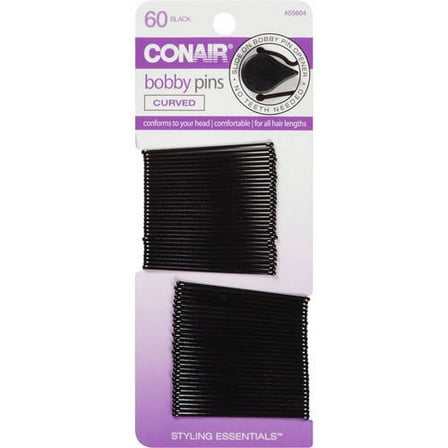 Conair Styling Essentials Curved Bobby Pins, Smooth Black, 60 Count