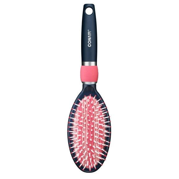 Conair Quick Smooth Cushion Hairbrush with De-Poof Shine Technology to Touch Up and Style Healthy Hair All Day, Pink and Blue, 1ct