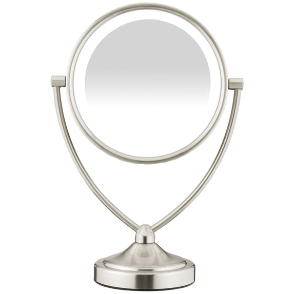 Conair® Reflections Double-Sided Fluorescent Lighted Vanity Makeup Mirror, 1x/10x magnification, Satin Nickel