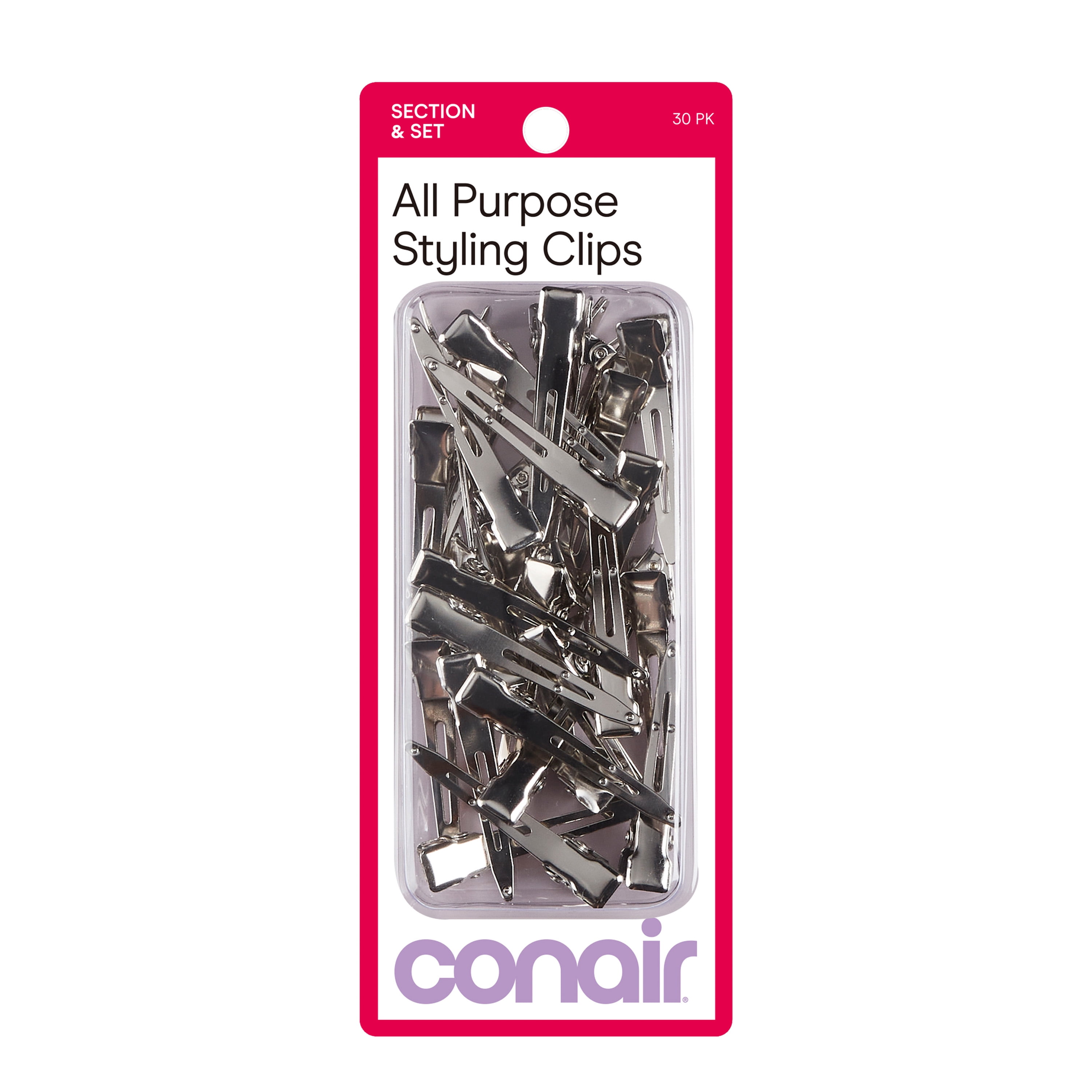 Conair Single Prong Pin-Up Salon Hair Setting Clips, Silver, 30 Count