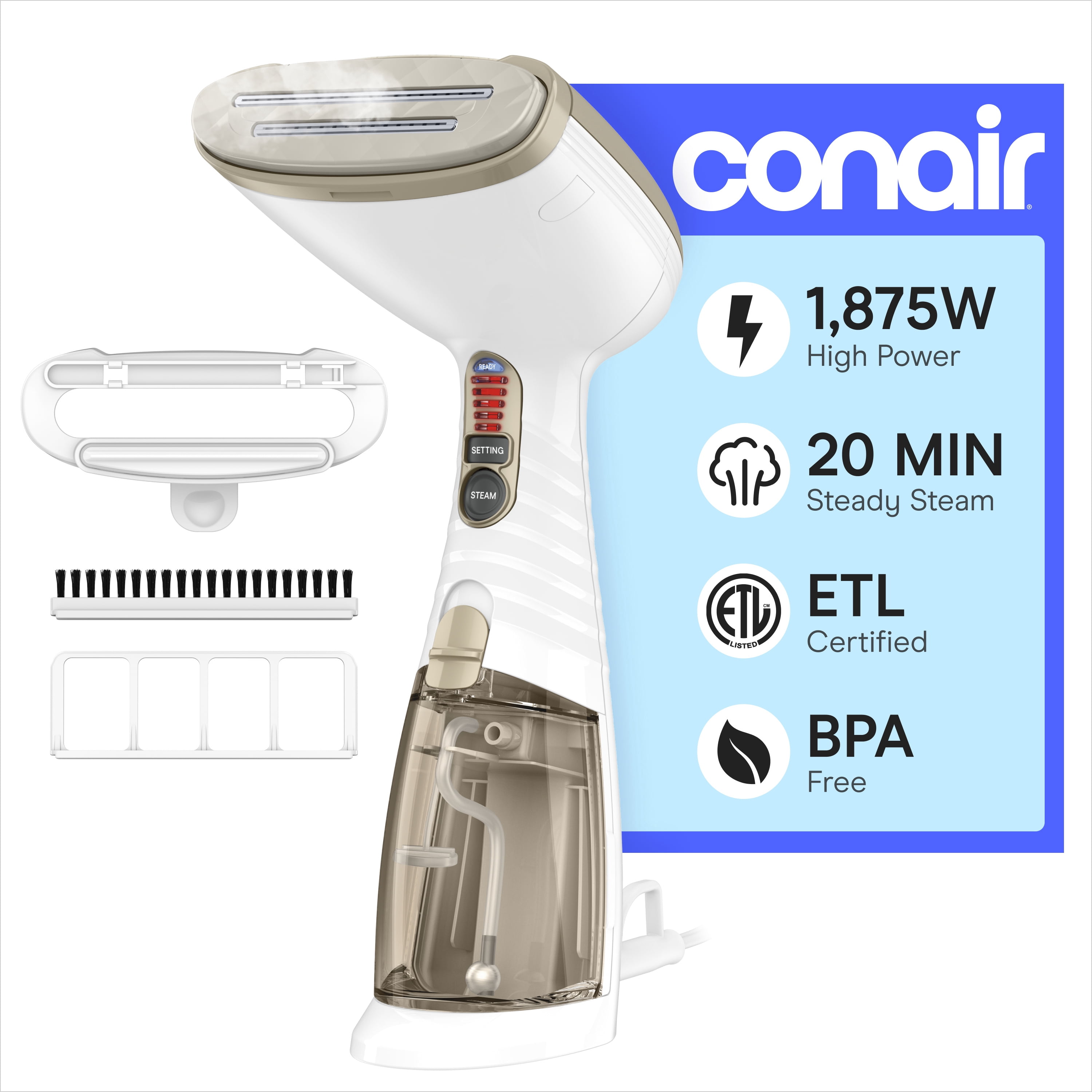 Conair Handheld Garment Steamer for Clothes, Turbo ExtremeSteam 1875W Fabric Steamer, Portable Handheld Design, Strong Penetrating Steam, White/Champagne