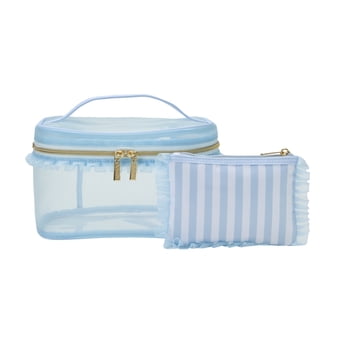Conair Blue Mesh Train Case, Travel Makeup Bag with Matching Pouch, 2-Piece Set