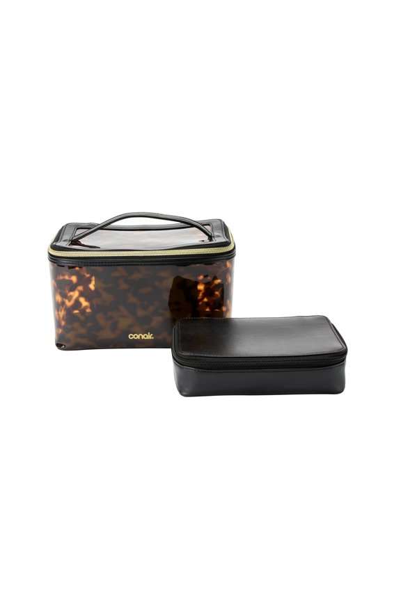 Conair Tortoise Train Case, Travel Makeup Bag with Faux Leather Pouch, 2-Piece Set