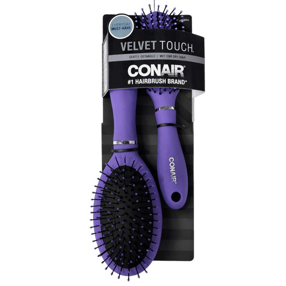 Conair Velvet Touch Hair Brush Set, Full-Size & Compact Detangling Brushes, Soft Flexible Bristles, Cushion Base, For Wet & Dry Hair, All Hair Types, Purple, 2-Pack
