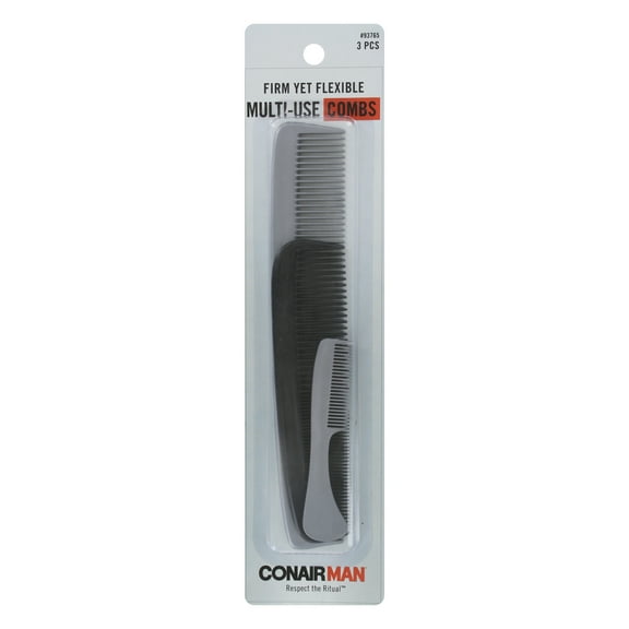 ConairMan Firm Yet Flexible Multi-Use Hair Combs, Assorted Sizes, 3-Count