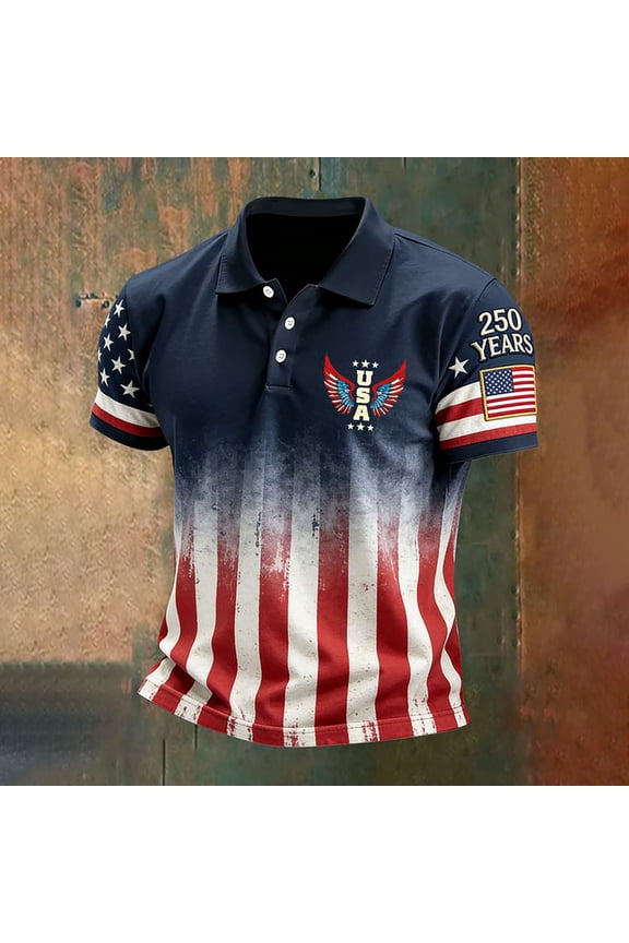 250 Anniversary USA Polo Shirt For Mens American Falg Print Patriotic July 4th T Shirts With Button Stand Collar Loose Blouses Pullover Outfits Navy S