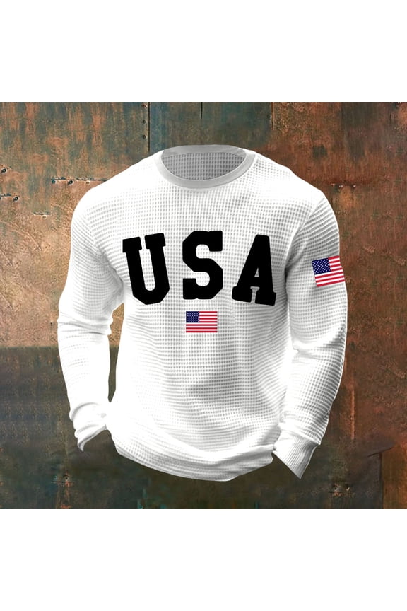 250 Anniversary USA Shirt For Men USA Letter Print Long Sleeve Crew Neck Patriotic July 4th T Shirt Loose Work Tee Pullover Outfits White L