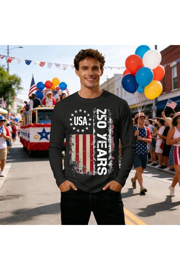250 Anniversary USA Shirt For Men Long Sleeve Crew Neck Patriotic July 4th T Shirts American Falg Print Loose Basic Work Tee Vacation Clothes Black XXXXL