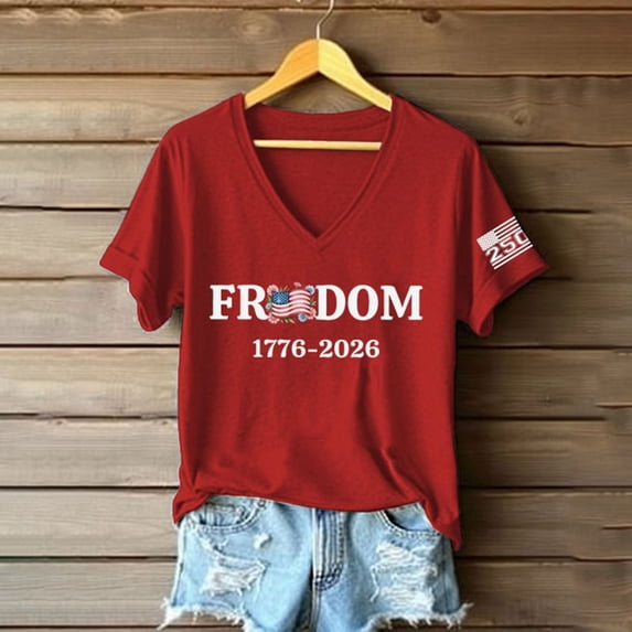 Conairie 250 Anniversary USA Shirt for Womens American Falg Print V Neck Patriotic 1776-2026 July 4th T Shirts Loose Short Sleeve Work Tee Pullover Outfits 3 S