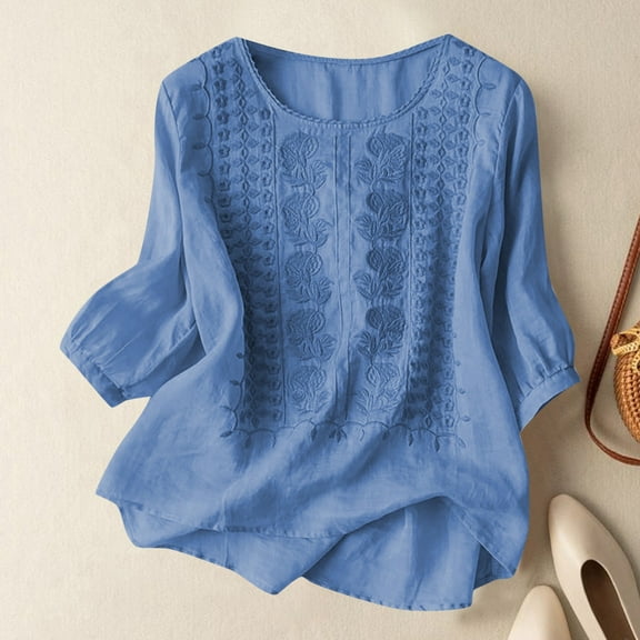 Conairie 3/4 Sleeve T Shirts for Women Loose Fit Floral Embroidered Casual Crew Neck Blouse Solid Color Lightweight Fall Basic Work Tee Vacation Clothes Blue L