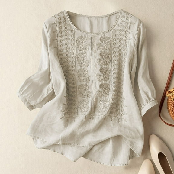 Conairie 3/4 Sleeve T Shirts for Women Loose Fit Floral Embroidered Casual Crew Neck Blouse Solid Color Lightweight Fall Basic Work Tee Vacation Clothes Beige L