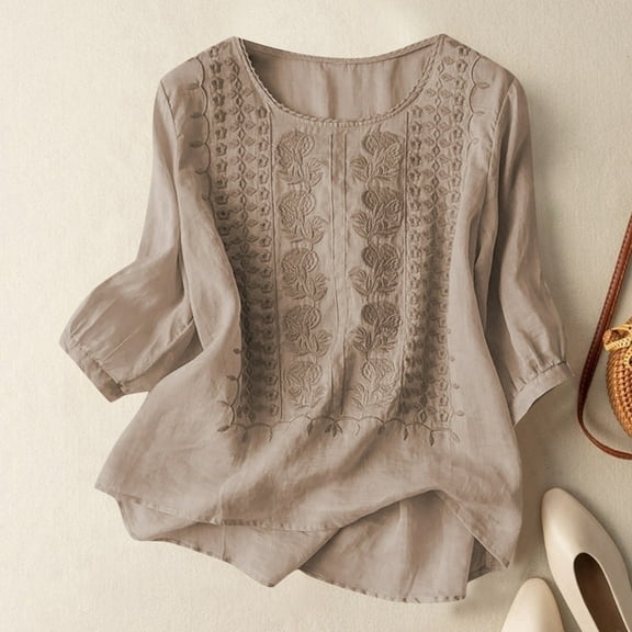 Conairie 3/4 Sleeve T Shirts for Women Loose Fit Floral Embroidered Casual Crew Neck Blouse Solid Color Lightweight Fall Basic Work Tee Vacation Clothes Brown L