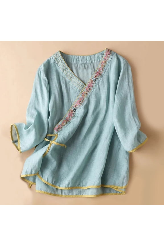 3/4 Sleeve T Shirts for Women Kimono Cardigan Vintage T-Shirts Wrap Front Cotton Linen Hanfu Irregular Shirt Tops Green L