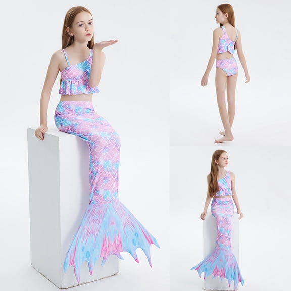 Conairie 3 Piece Girls Swimsuit Set Flounce Ruffle Bikini Top With Shorts Fish Tail Set Lightweight Beach Swimwear Summer Light Purple