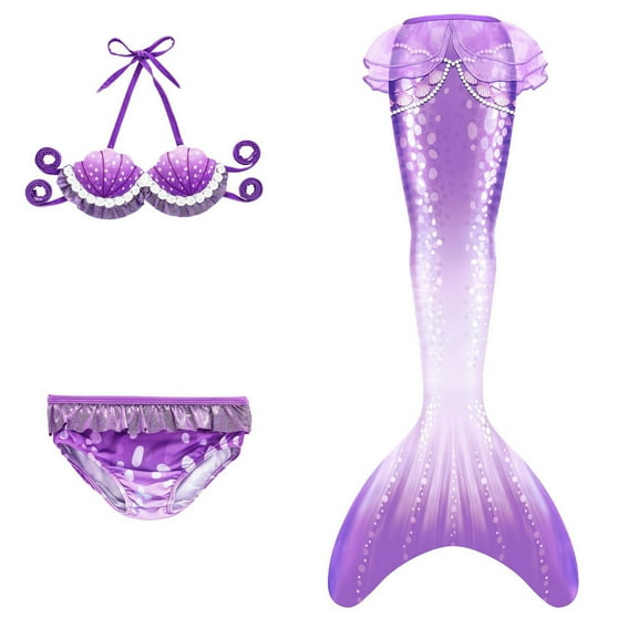 Conairie 3 Piece Girls Swimsuit Set Flounce Ruffle Tankini Top With Shorts Fish Tail Set Summer Beach Swimwear Purple